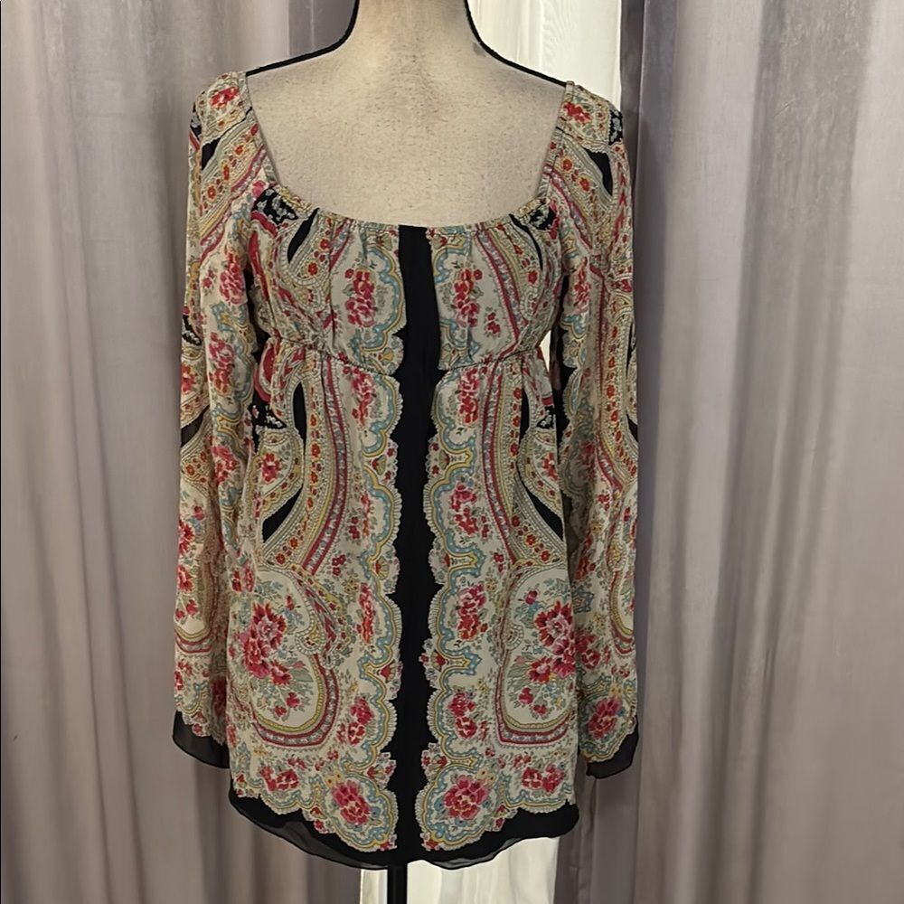 Anna Sui 100% silk long sleeve floral top, US10